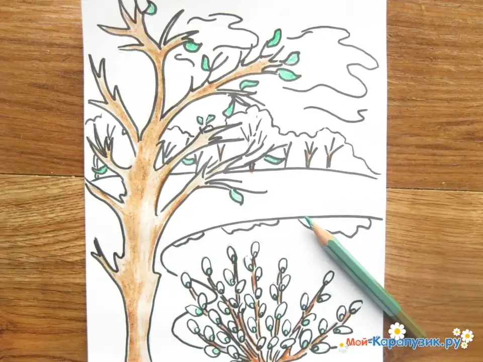 Поэтапное рисование весеннего дерева