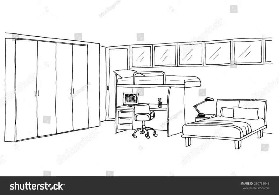 Рисунок комнаты с мебелью карандашом