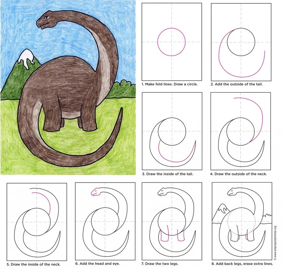 Поэтапное рисование динозавра для детей