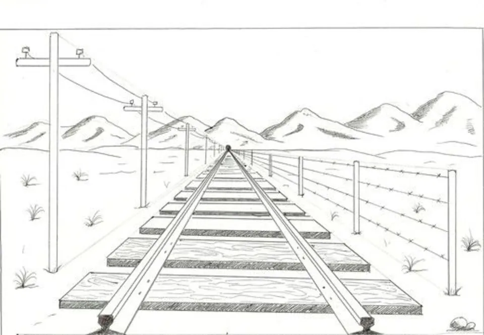 Линейная перспектива (дорога, столбы, дома), карандаш