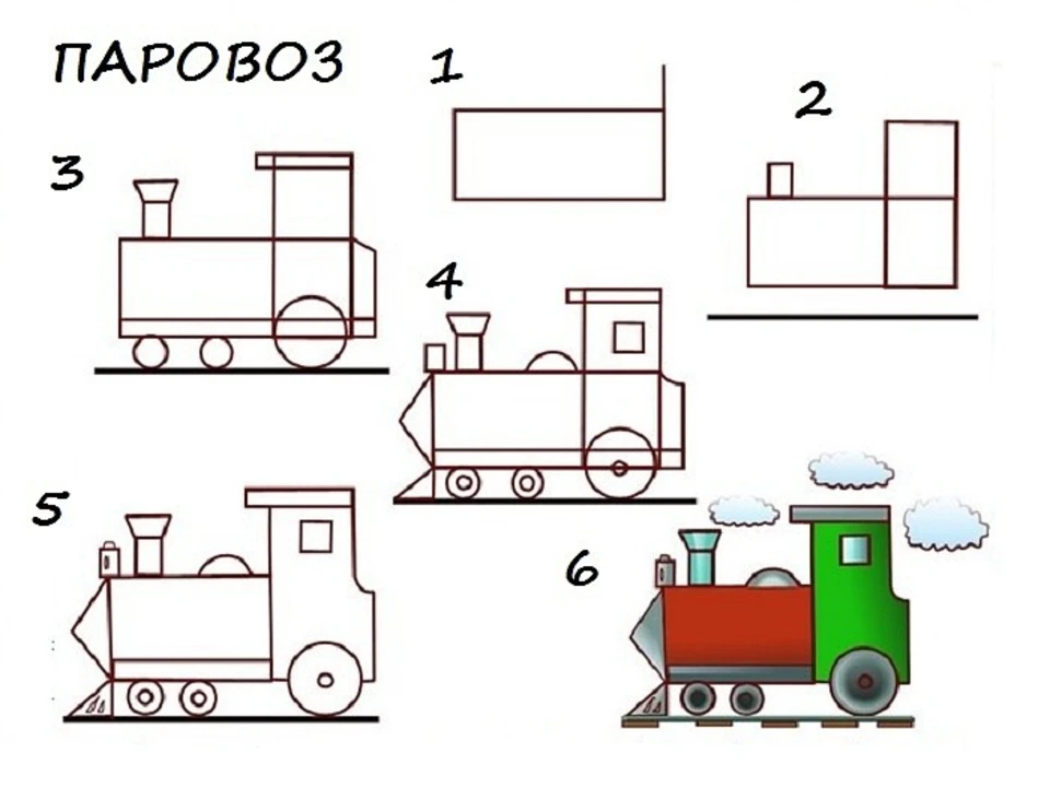 Как рисовать паровозик. Аппликация паровозик. Схемы рисования транспорта для дошкольников. Поэтапное рисование поезда для детей. Рисование паровозиков.
