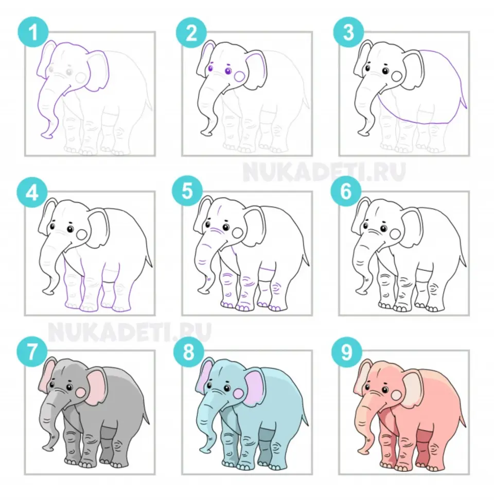 Рисунок слона поэтапно