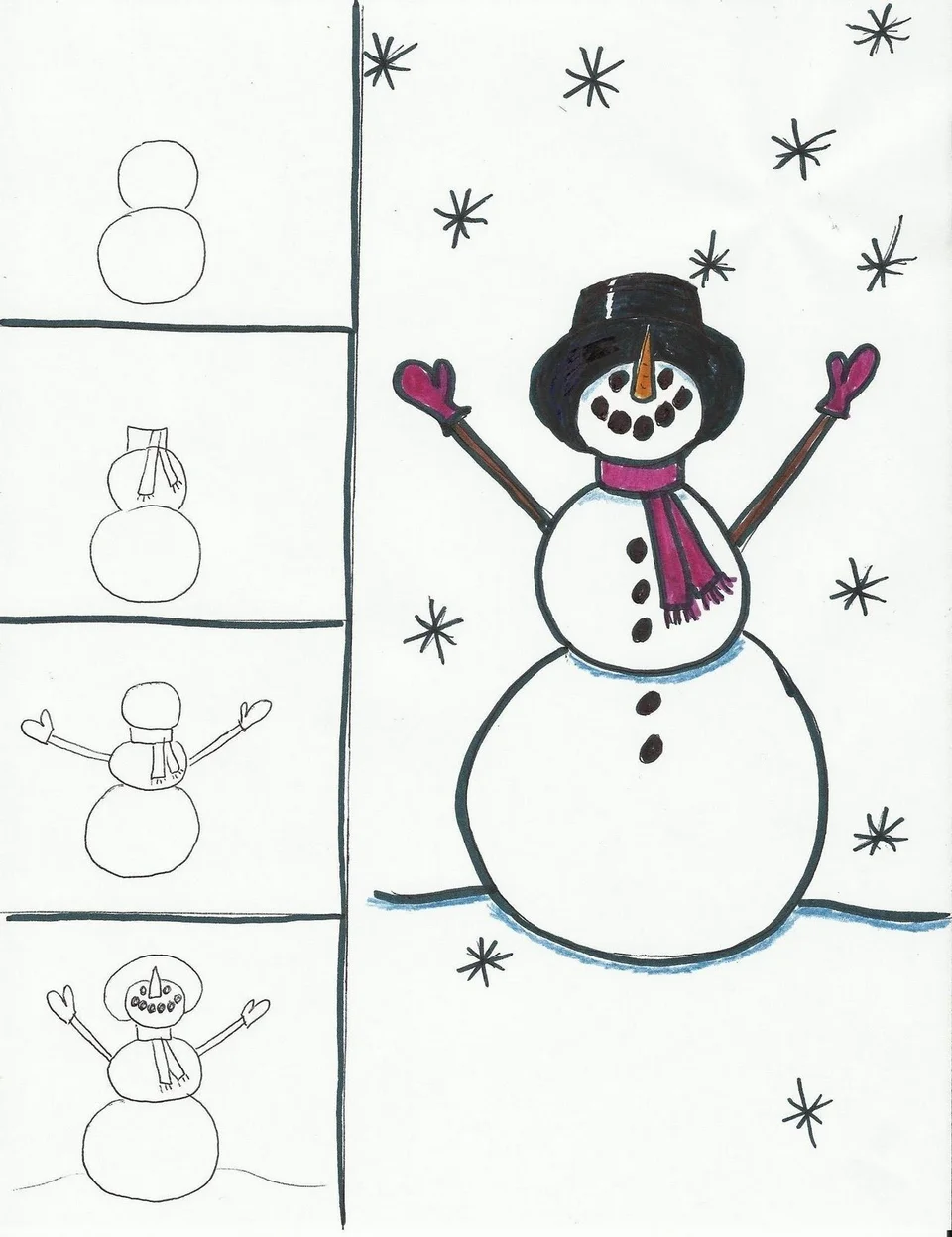 Снеговик рисунок для детей поэтапно