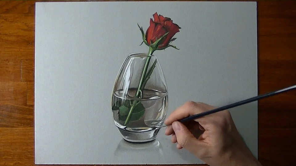 Натюрморт розы в вазе карандашом