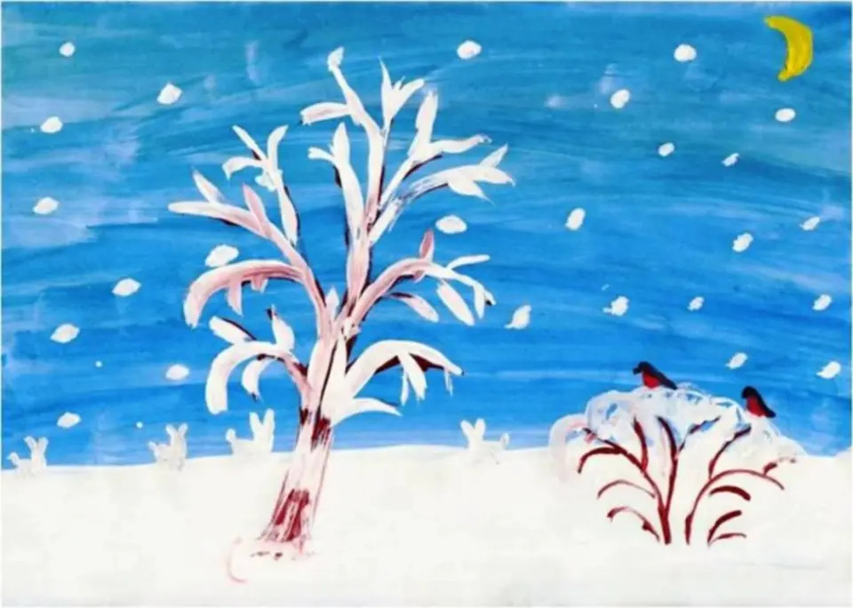 Зимний пейзаж детский рисунок