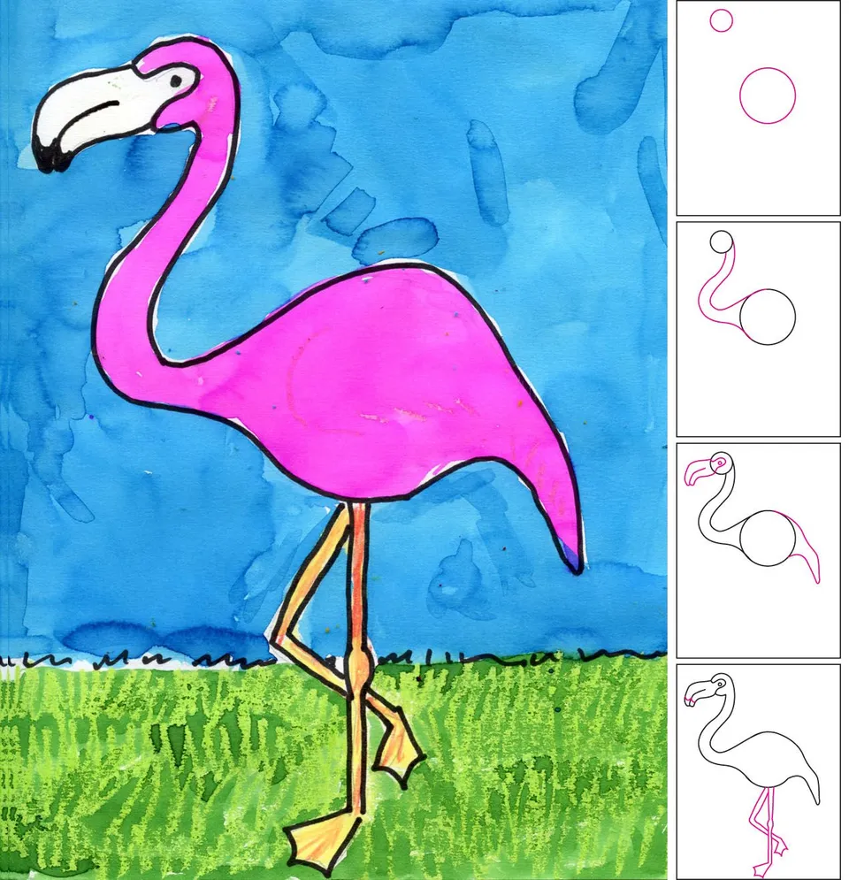 Фламинго поэтапно карандашом