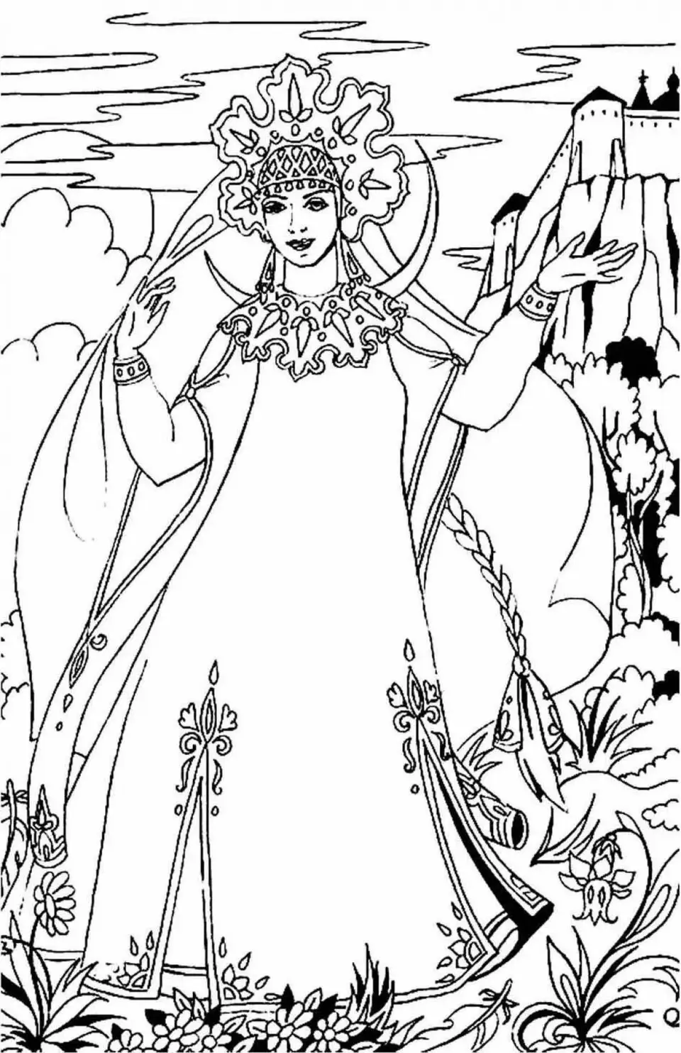Сказка о мёртвой царевне и семи богатырях раскраска для детей
