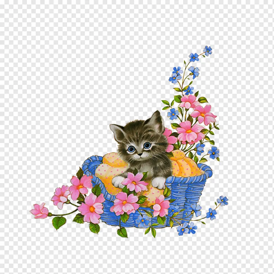Котенок с цветами на прозрачном фоне
