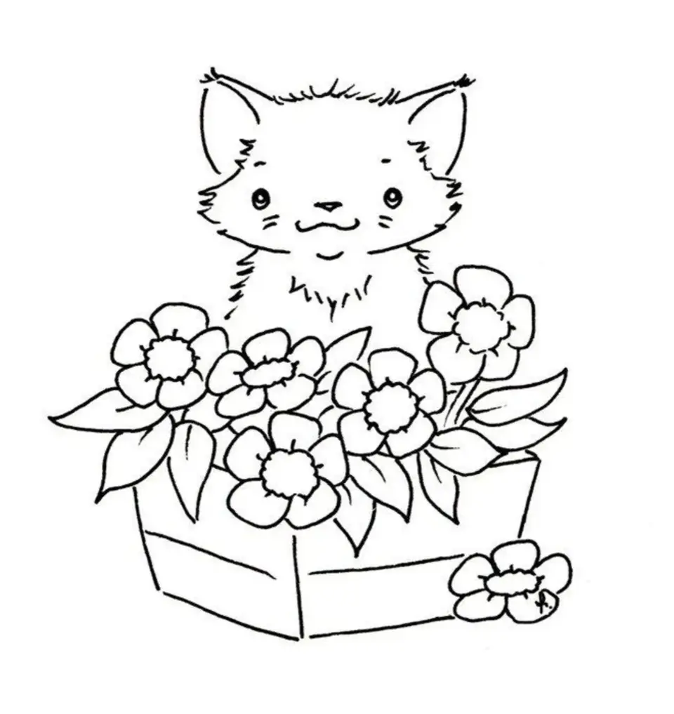 Раскраска кошка в цветах