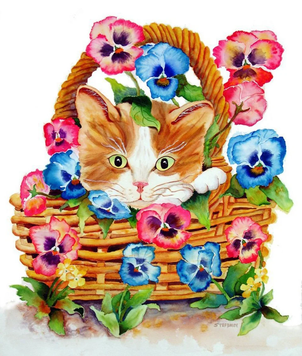 Кошка в корзинке с цветами