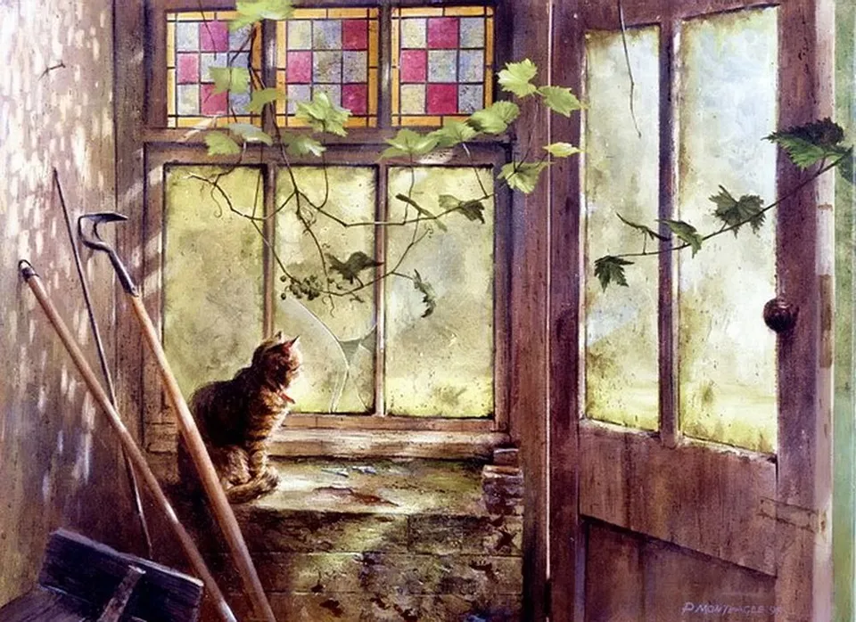 Картина летнее окно с кошкой