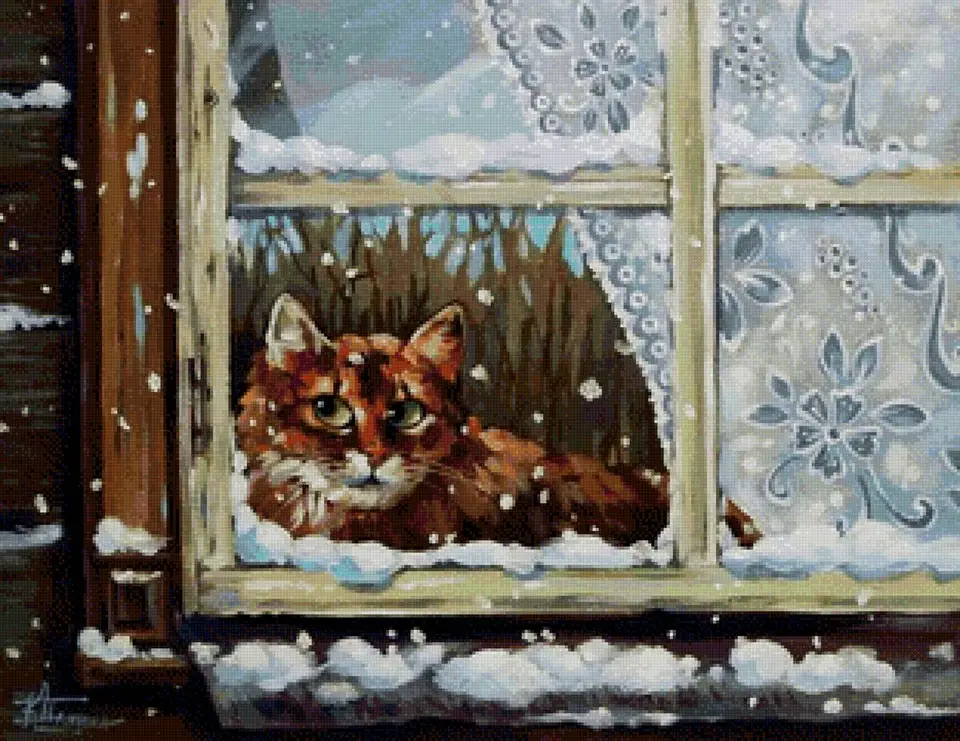 Фреска птички и кошки на окне
