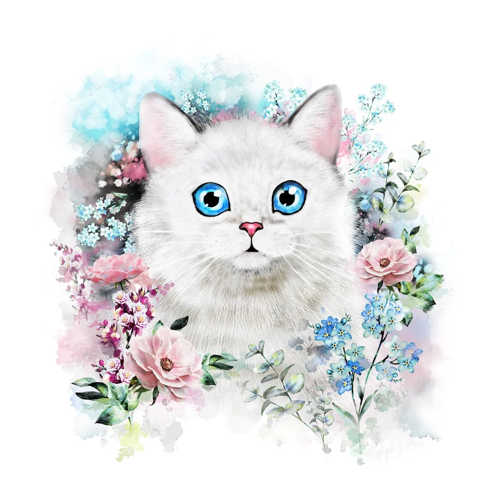 Кошка с цветами акварель