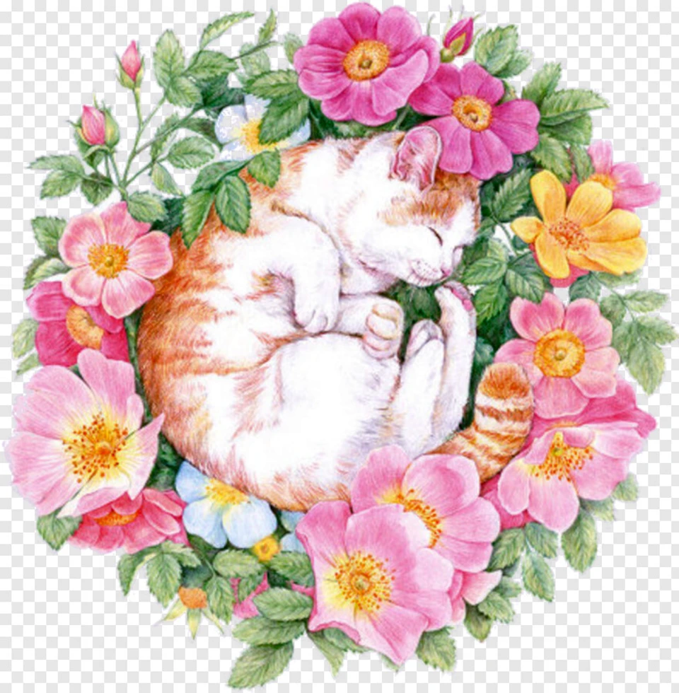 Кошка с цветами акварель