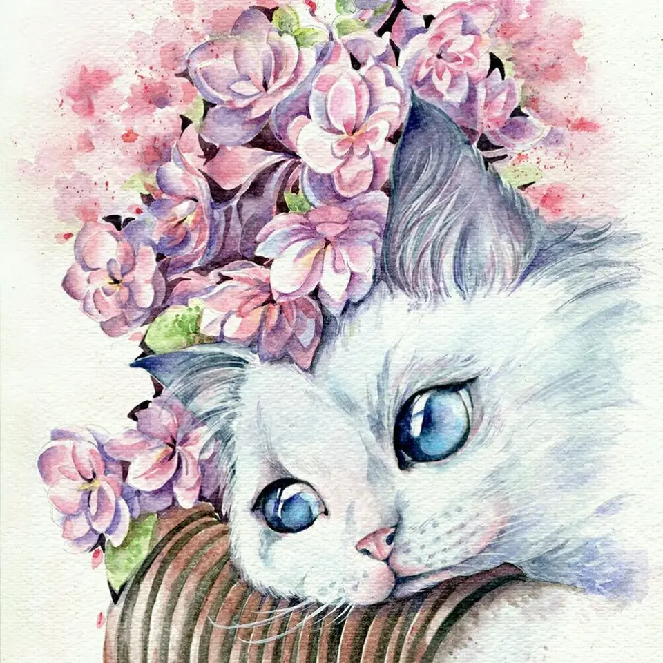 Кот с цветами акварель