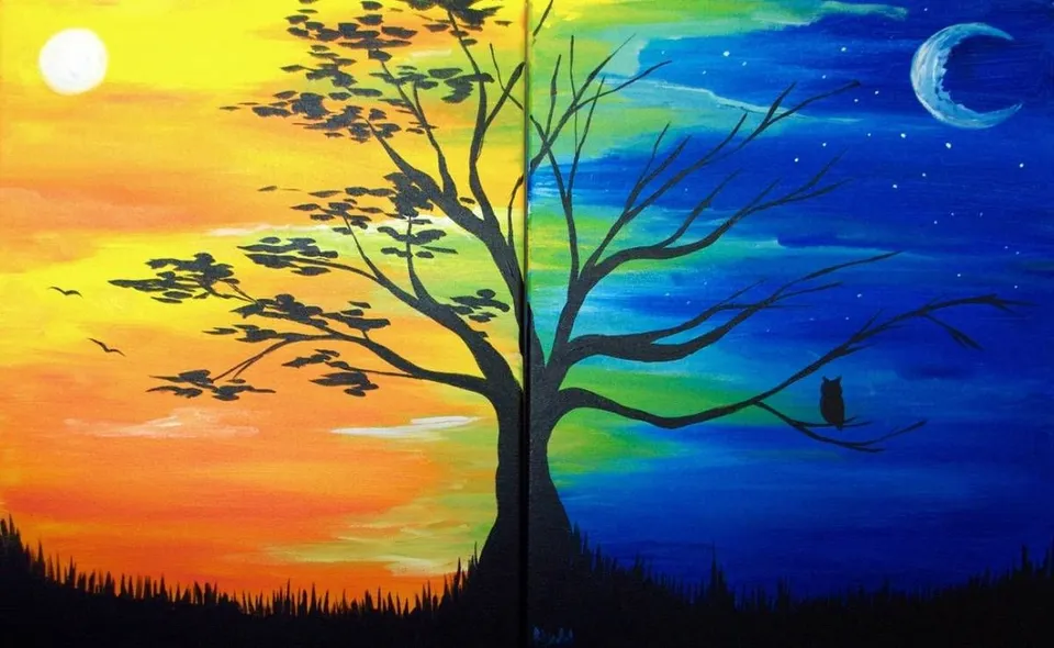 Картина день и ночь с деревом