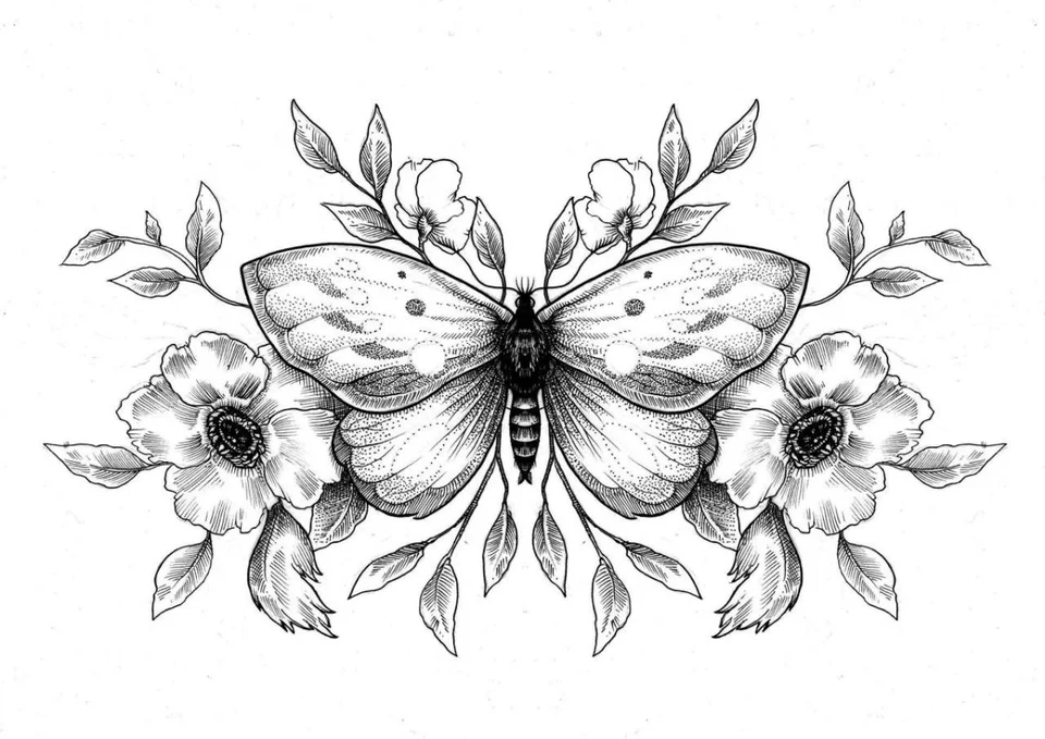 Эскиз тату бабочка на цветке