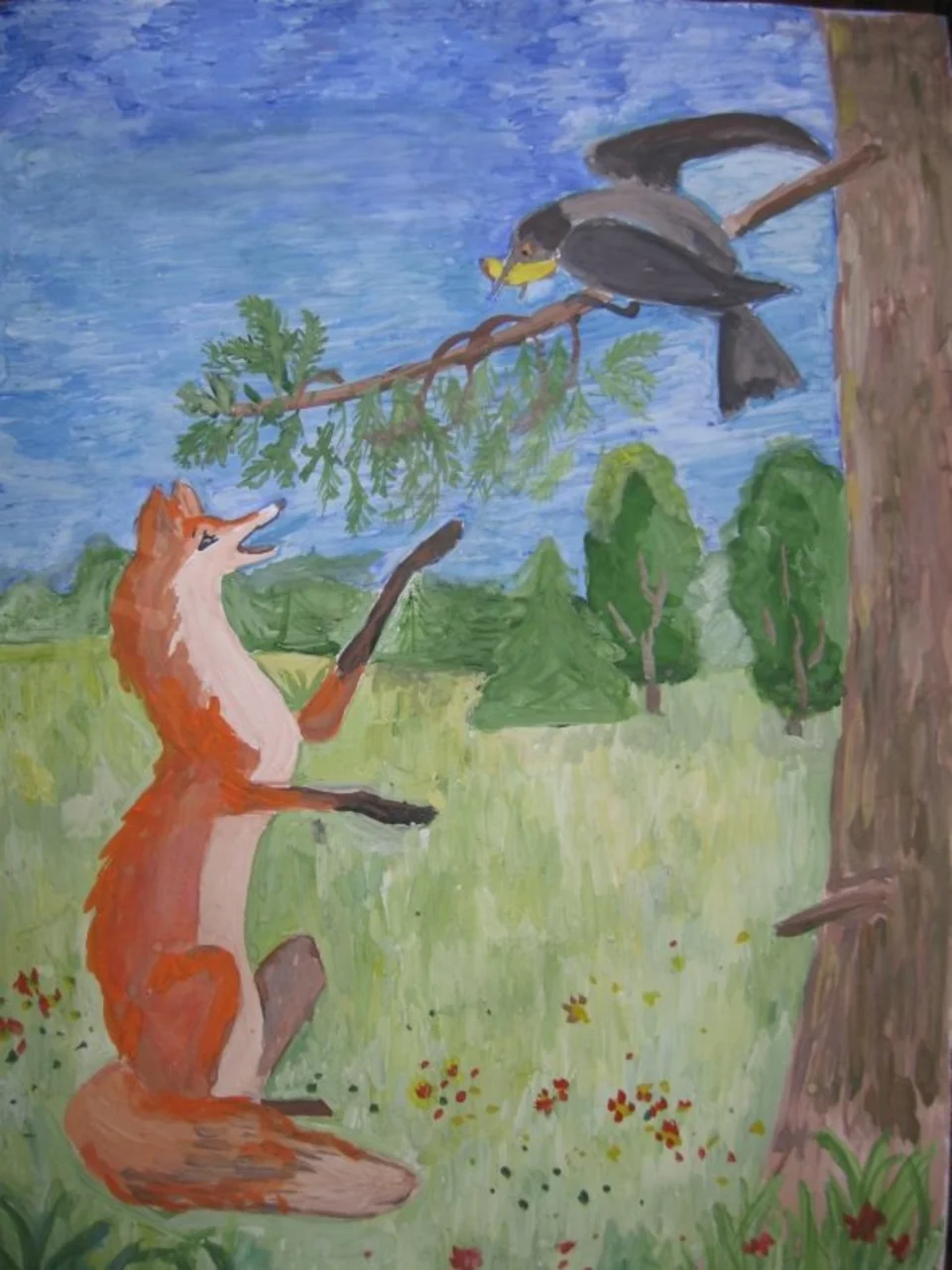 Детские рисунки к басне ворона и лисица
