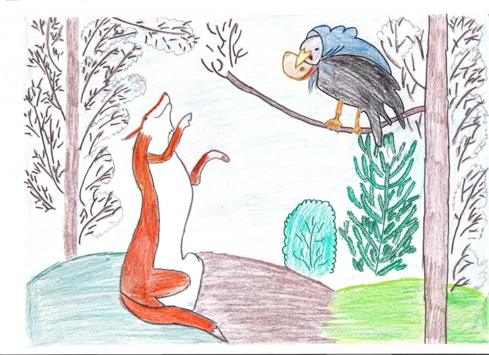 Рисунок к басне крылова ворона и лисица