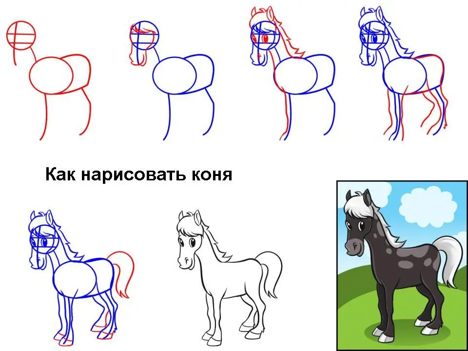 Лошадь поэтапно карандашом
