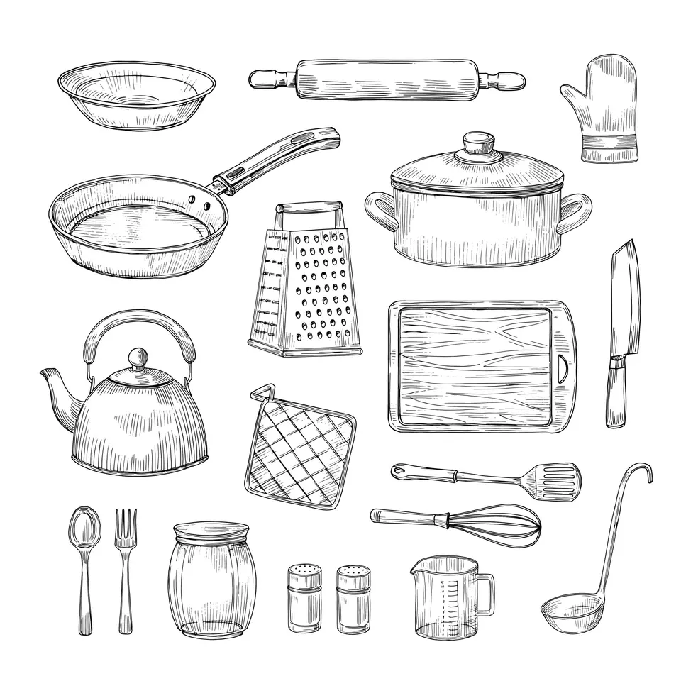 Линейные рисунки кухонных принадлежностей
