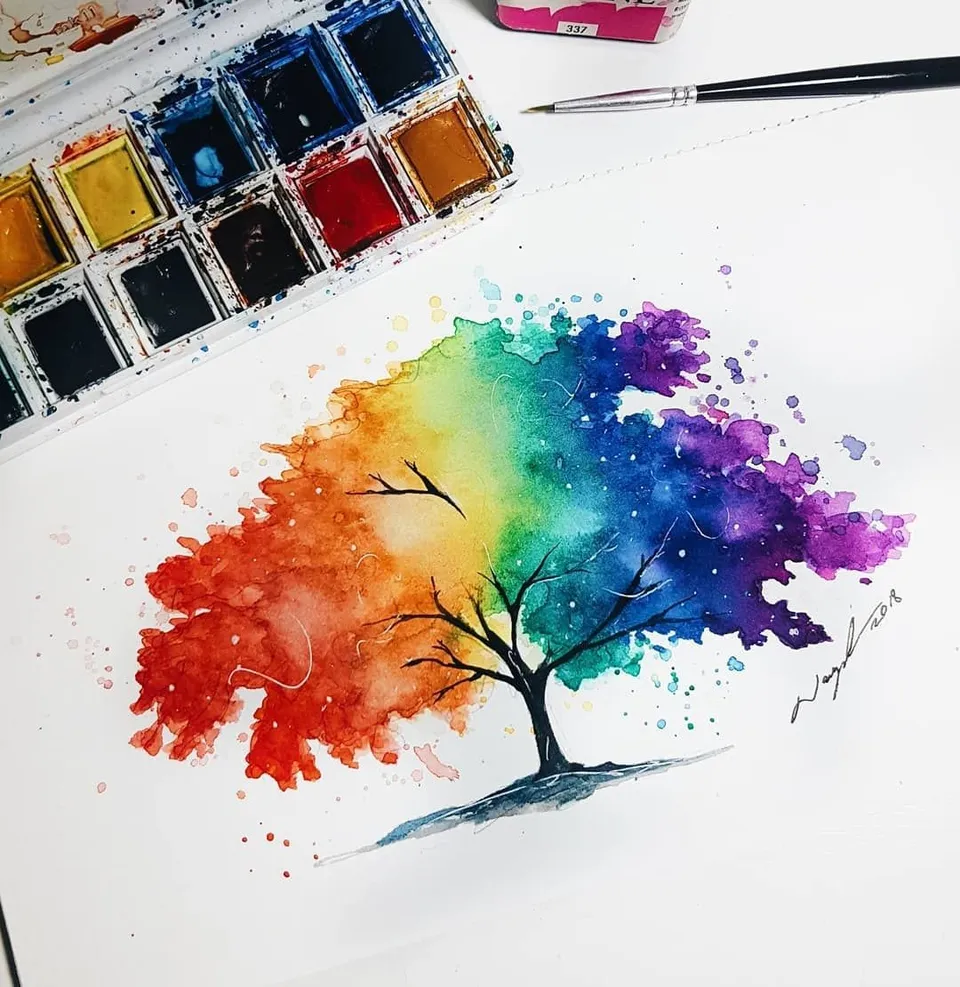 Разноцветное дерево акварель