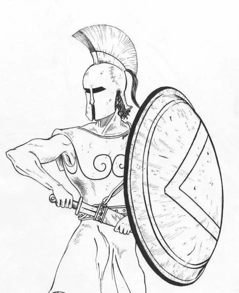 Рисунок воина 5 класс. Спартанец карандашом для детей. Спартанский воин рисунок. Греческий воин раскраска.