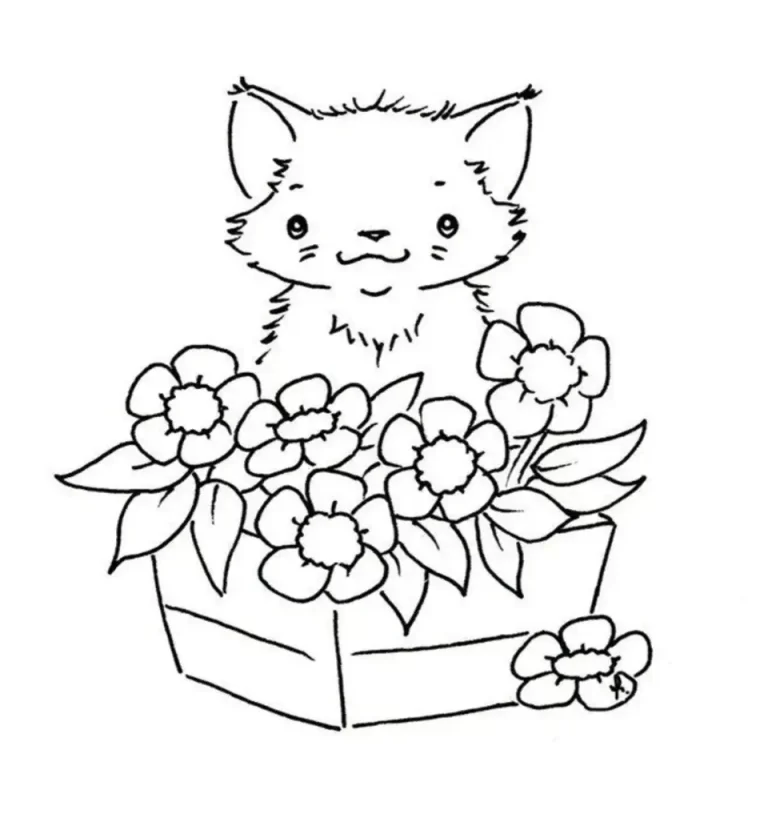 Раскраска котенок с цветами