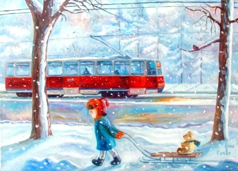 Трамвай зимой акварель